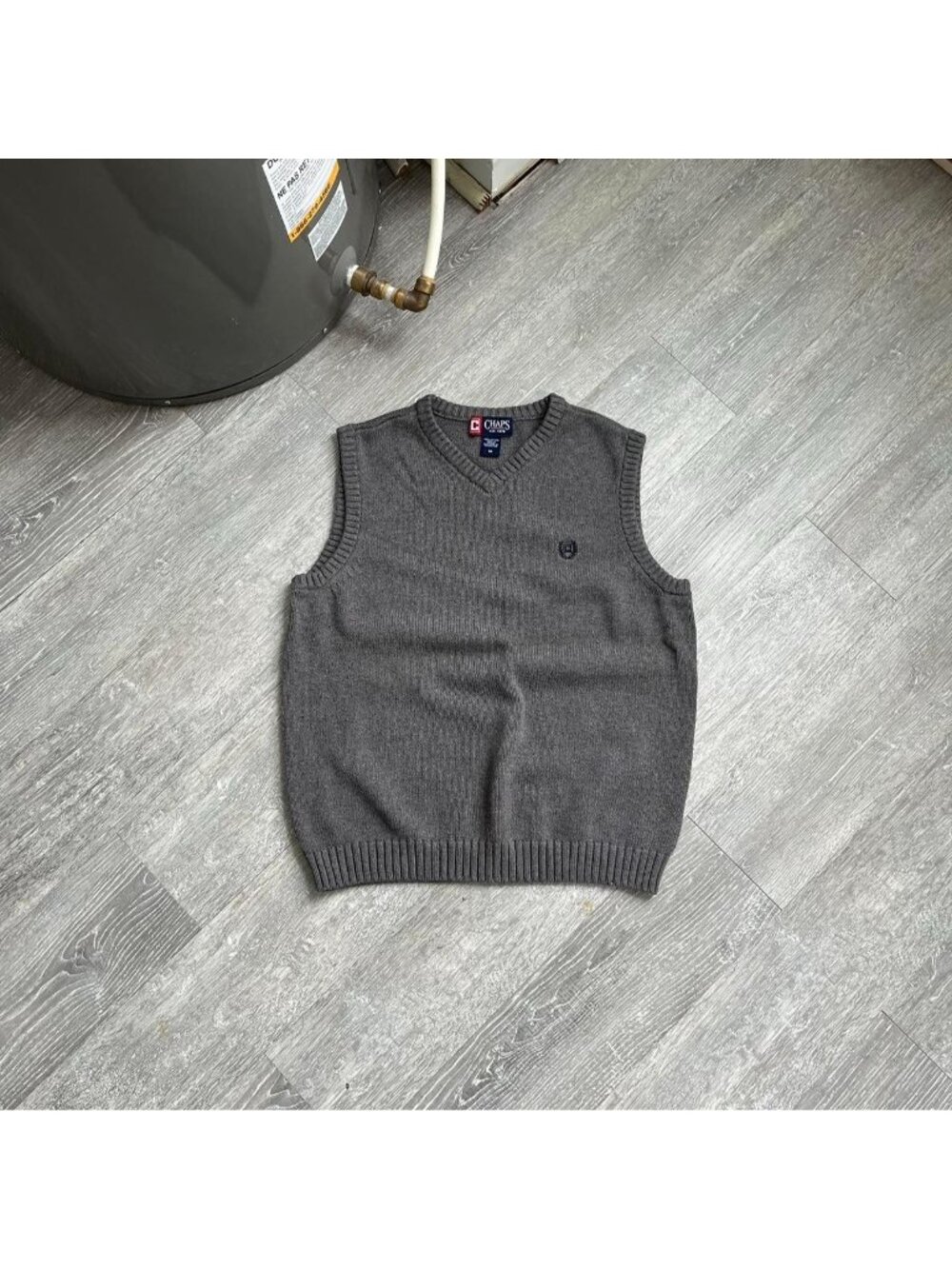 Grey / Navy Blue Chaps Ralph Lauren Embroidered Logo Knit Pullover V-Neck Vest